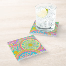 Posavasos De Vidrio Mandala superpuesto rosa azul amarillo menta púrpu