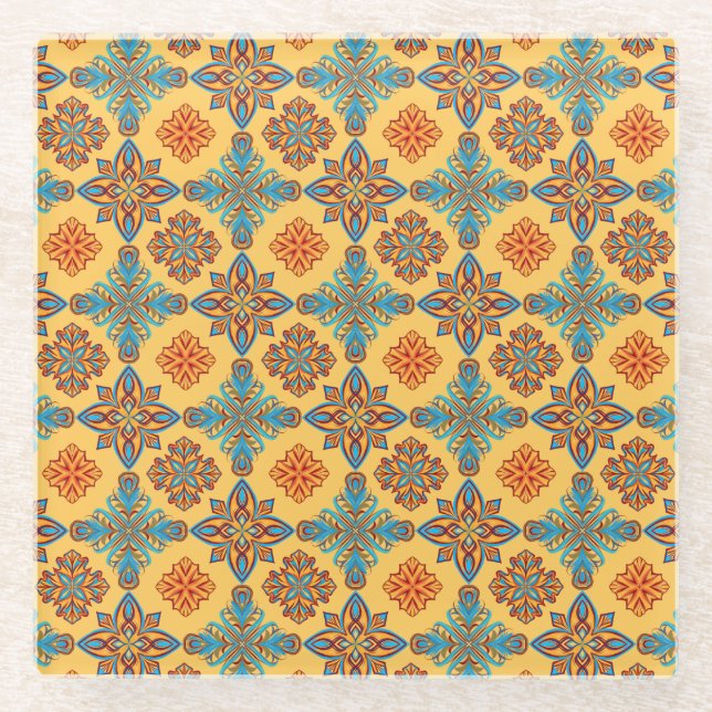 Posavasos De Vidrio Mandalas sobre amarillo ámbar (Anverso)