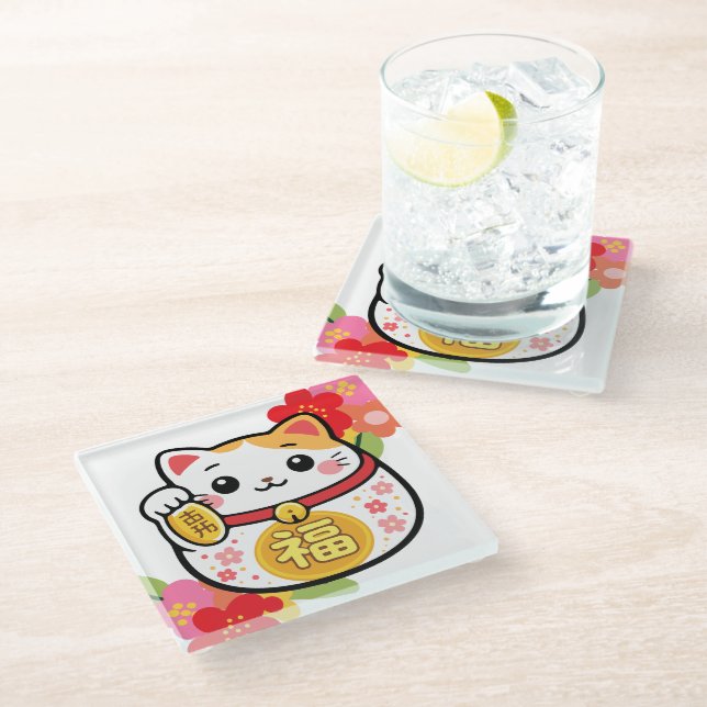 Posavasos De Vidrio Maneki Kawaii Japonés (Angular)
