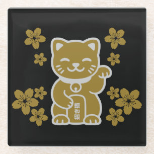 Posavasos De Vidrio Maneki-neko japonés de oro