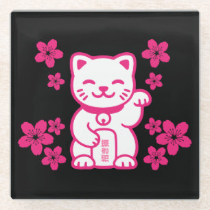 Posavasos De Vidrio Maneki-neko japonés rosado