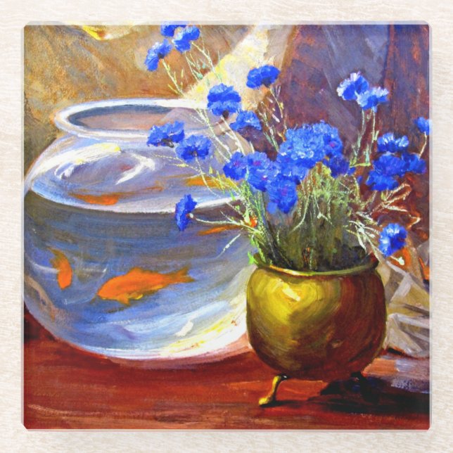 Posavasos De Vidrio Mannheim - Pecera y flores (Anverso)