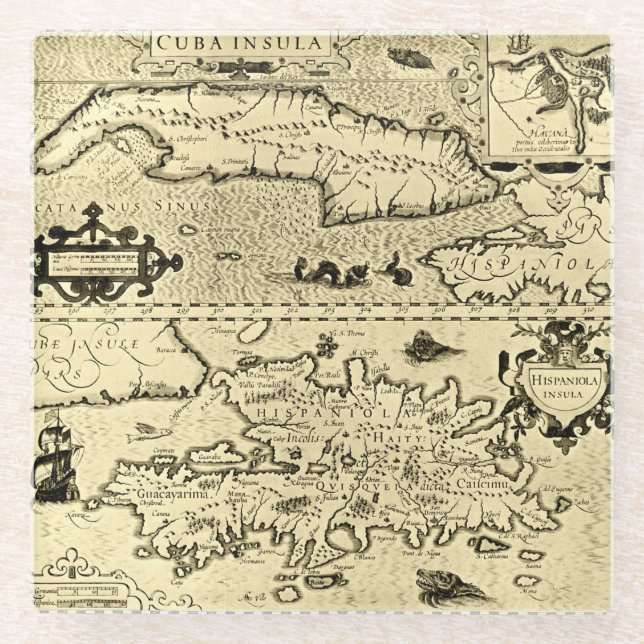Posavasos De Vidrio Mapa de Cuba y de La Española (Anverso)