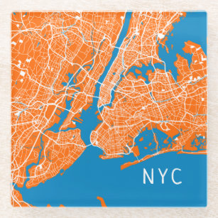 Posavasos De Vidrio Mapa de Guay en Nueva York   NYC   Naranja y turqu