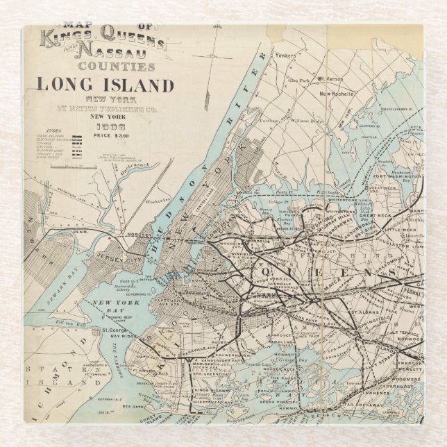 Posavasos De Vidrio Mapa de Kings, Queens, Long Island (Anverso)