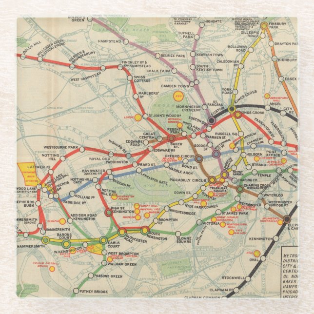 Posavasos De Vidrio Mapa de los ferrocarriles de subterráneo de (Anverso)