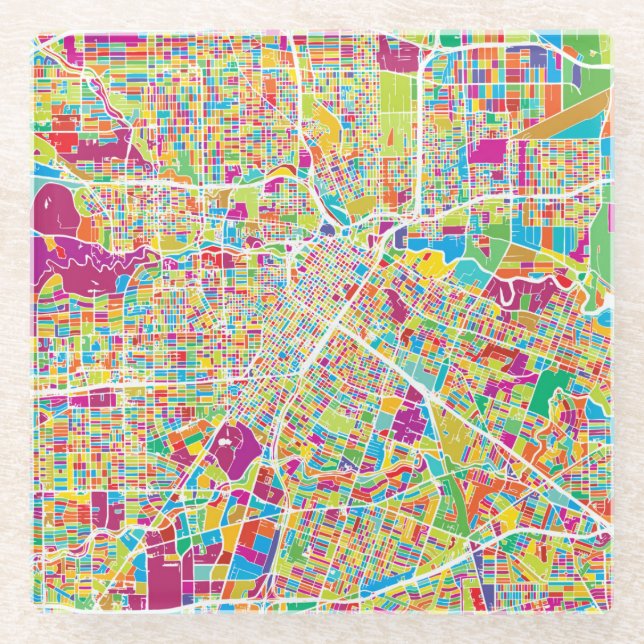 Posavasos De Vidrio Mapa de neón de Houston, Tejas el | (Anverso)