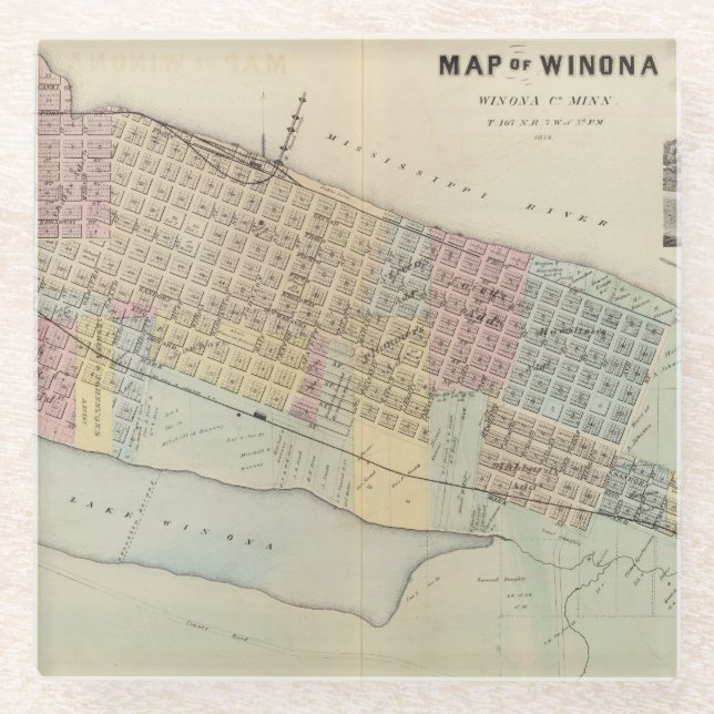 Posavasos De Vidrio Mapa de Winona, Minnesota (Anverso)