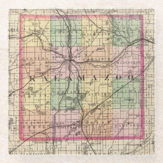 Posavasos De Vidrio Mapa del condado de Kalamazoo, Michigan (Anverso)