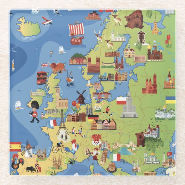 Posavasos De Vidrio Mapa del dibujo animado de Europa (Anverso)