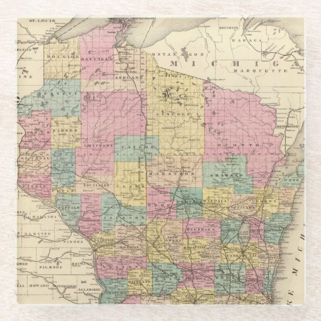 Posavasos De Vidrio Mapa del estado de Wisconsin (Anverso)