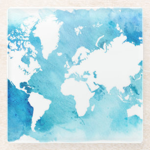 Posavasos De Vidrio Mapa del mundo en azules de la acuarela