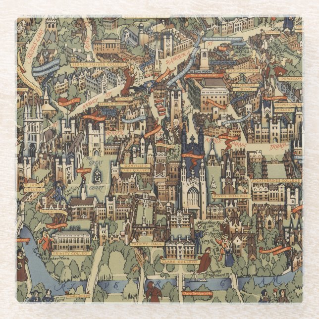 Posavasos De Vidrio Mapa ilustrado de Cambridge, Inglaterra (Anverso)