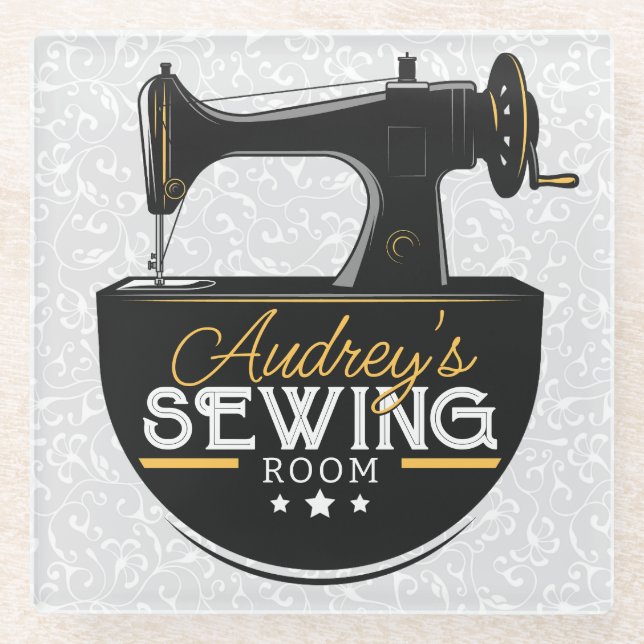 Posavasos De Vidrio Máquina de coser antigua AÑADIR NOMBRE Sombrero sa (Anverso)