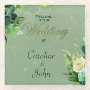 Posavasos De Vidrio Maravilloso diseño floral verde.