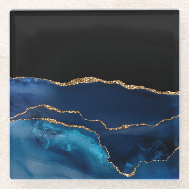 Posavasos De Vidrio Marble azul brillante Purpurina dorado Moda glam (Anverso)