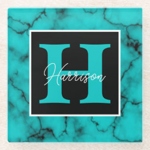 Posavasos De Vidrio Marble turquesa Sofisticado nombre en monograma