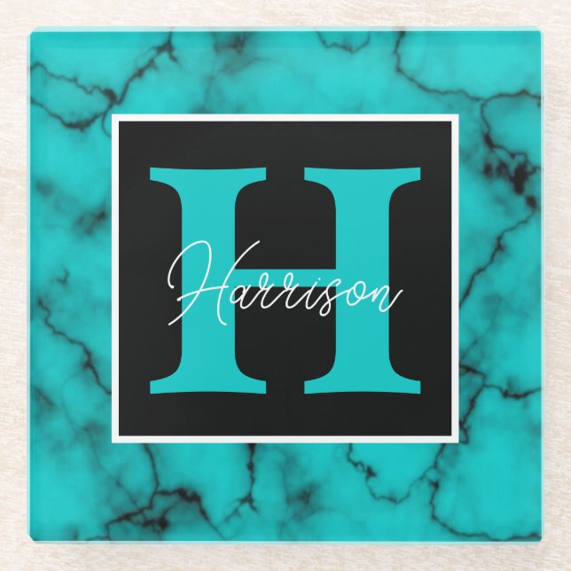 Posavasos De Vidrio Marble turquesa Sofisticado nombre en monograma (Anverso)