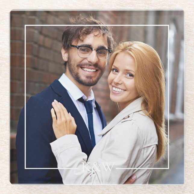 Posavasos De Vidrio Marco cuadrado moderno fotográfico monogramado (Anverso)