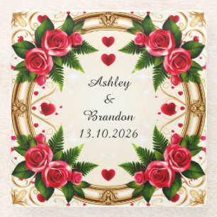 Posavasos De Vidrio Marco Floral con Rosas Rosadas