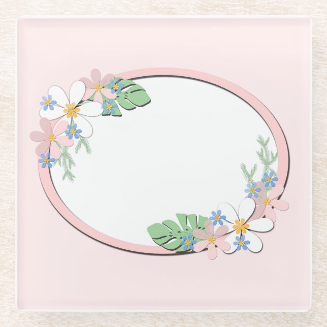 Posavasos De Vidrio Marco floral rosa alrededor de los niños primavera (Anverso)