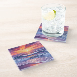 Posavasos De Vidrio Marea Violeta   Olas del Océano al Atardecer Púrpu