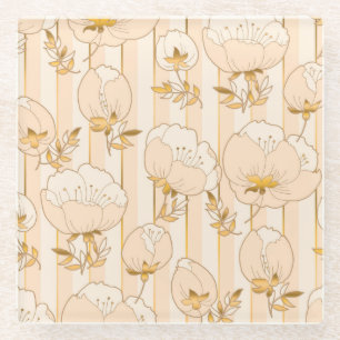 Posavasos De Vidrio Marfil Beige: Patrón floral de lujo.