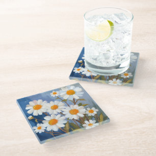 Posavasos De Vidrio Margaritas Blancas Flores Acuarela Pintadas