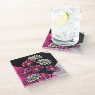 Posavasos De Vidrio Margaritas en rosa y blanco
