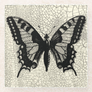 Posavasos De Vidrio Mariposa blanco y negro en fondo agrietado