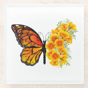 Posavasos De Vidrio Mariposa de flores con amapola amarilla de Califor