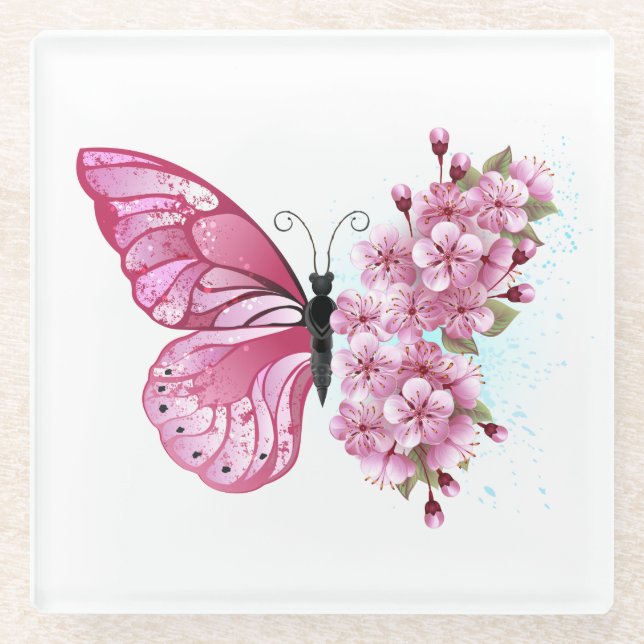 Posavasos De Vidrio Mariposa de flores con Sakura rosa (Anverso)
