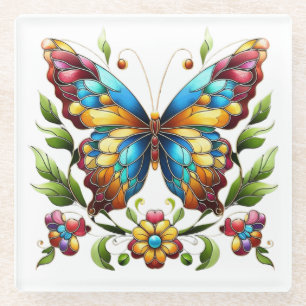 Posavasos De Vidrio Mariposa de vidrio coloreado con flores