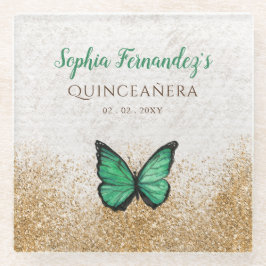 Posavasos De Vidrio Mariposa Dorada Esmeralda Vintage Rústica