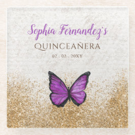 Posavasos De Vidrio Mariposa dorada púrpura vintage rústica