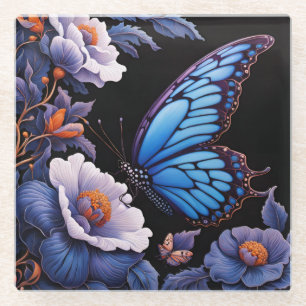 Posavasos De Vidrio Mariposa en un jardín de flores por la noche