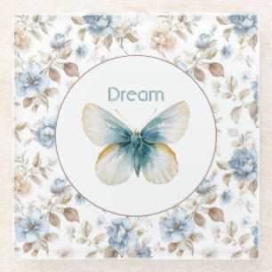 Posavasos De Vidrio Mariposa Flores Marrones Crema Azul Tan