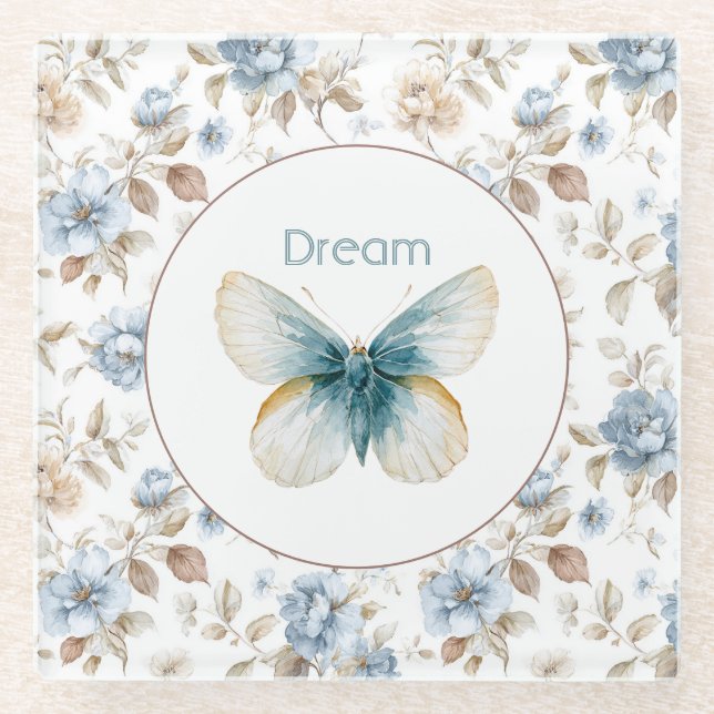 Posavasos De Vidrio Mariposa Flores Marrones Crema Azul Tan (Anverso)