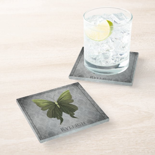 Posavasos De Vidrio Mariposa jewada verde (Angular)
