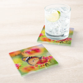 Posavasos De Vidrio Mariposa monarca sobre flores rojas y amarillas