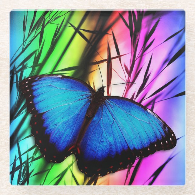 Posavasos De Vidrio Mariposa morfa azul (Anverso)