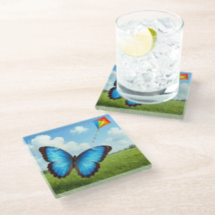 Posavasos De Vidrio Mariposa Morpho Común Volando una Cometa