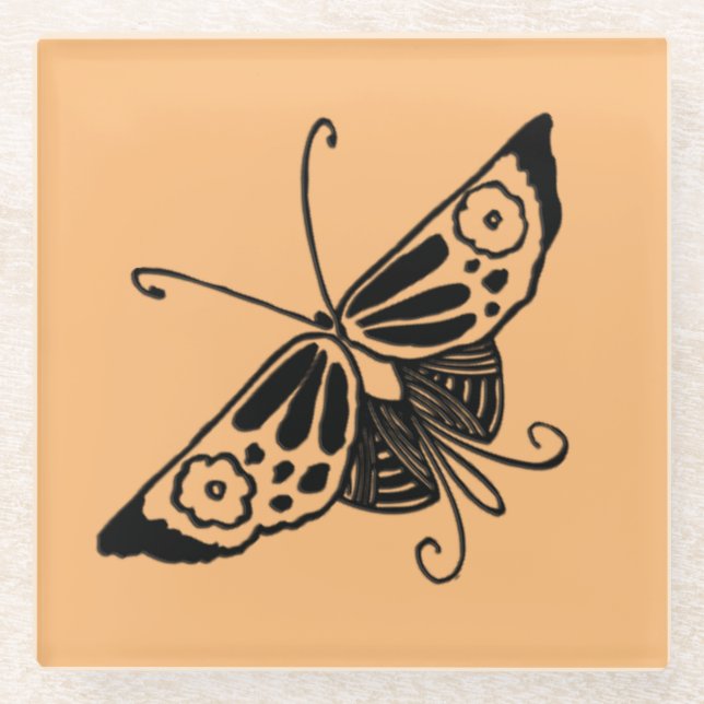 Posavasos De Vidrio Mariposa negra Art Deco - fondo de Personalizable (Anverso)