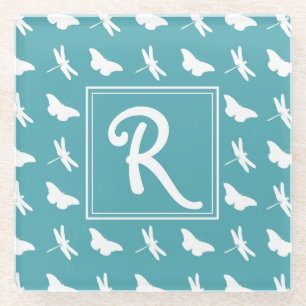 Posavasos De Vidrio Mariposa Teal y Patrón de Libélula Monograma