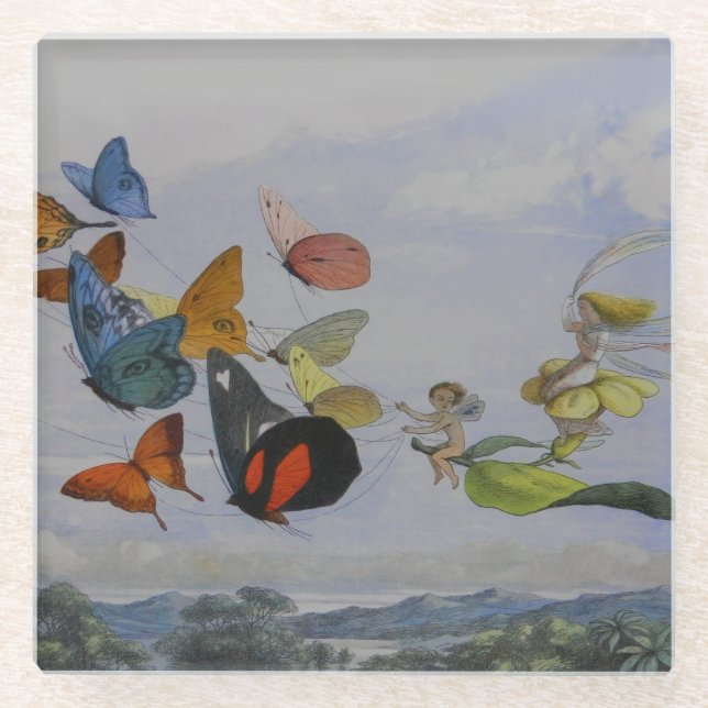Posavasos De Vidrio Mariposa y hadas mariposas reina (Anverso)