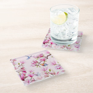 Posavasos De Vidrio Mariposa y Hummingbird En Magnolia Bloom Coaster
