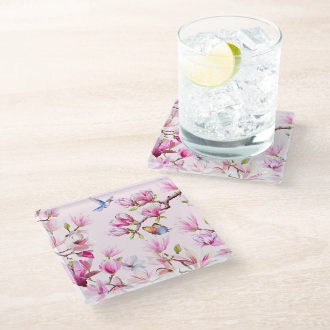 Posavasos De Vidrio Mariposa y Hummingbird En Magnolia Bloom Coaster (Angular)