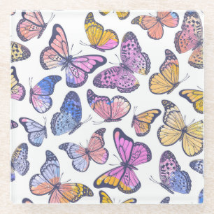 Posavasos De Vidrio Mariposas acuarelas: Patrón de cosecha Pastel.