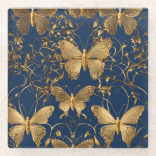 Posavasos De Vidrio Mariposas azules metálicas con vinos de oro