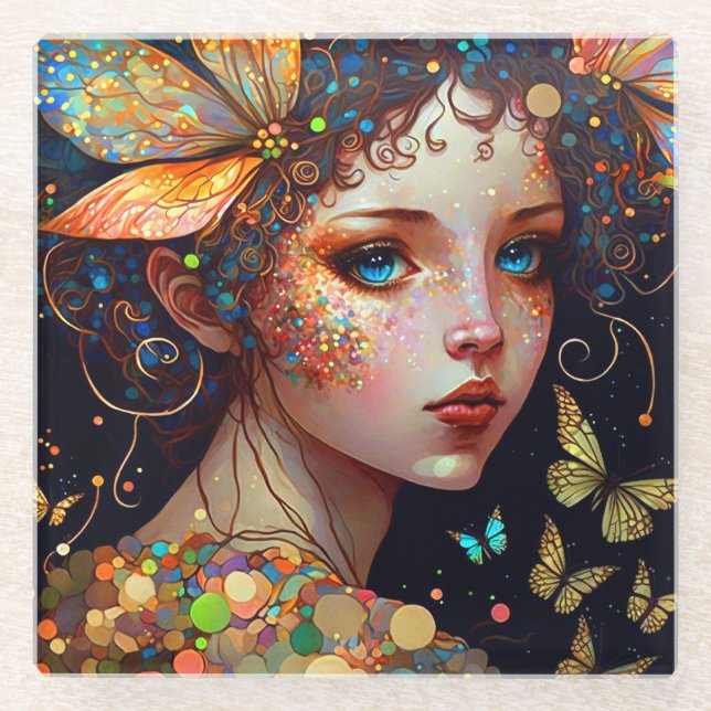 Posavasos De Vidrio Mariposas de hadas coloridas Fantasía Arte (Anverso)